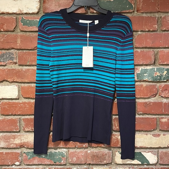 Hugo Boss Women's Knit Top Navy Blue Size Medium Striped Ribbed NWT - Picture 4 of 8